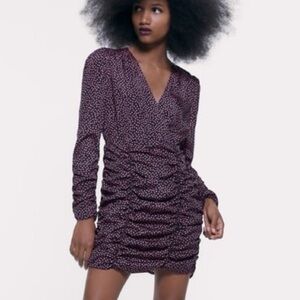 ZARA Ruched Pink Hearts All Over Print Long Sleeve Mini Dress Valentine
